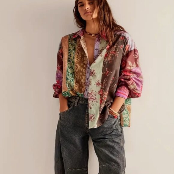 * *NEW BOUTIQUE PATCHWORK PRINT SHIRT* - Picture 1 of 5